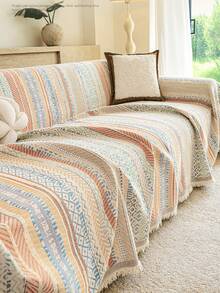 1pc Bohemian Colorful Geometric Vertical Stripe Chenille Sofa Throw, All-Season, Pet-Friendly, Washable, Perfect For Home Decor - Multicolor - View 10