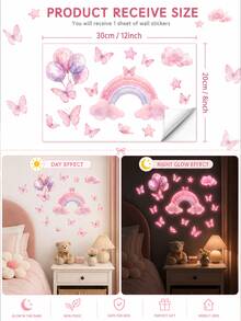Glow-In-The-Dark Pink Wall Stickers, Watercolor Rainbow Cloud Butterfly Balloon Luminous Wall Decals, Removable Self-Adhesive Wall Decor, Suitable For Girls' Bedroom - A - View 4