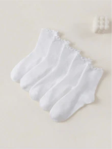 3/5/7/12 Pairs Women White Ruffle Frill Crew Socks, Striped Soft Breathable, Casual Daily For Loafer Mary Jane - White - View 2