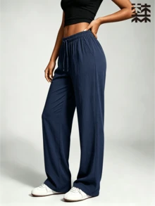 mulinsen Women's Loose Wide Leg Sweatpants, Lightweight Textured Fabric With Elastic Drawstring Waist, Suitable For Gym, Jogging, Daily Wear And Home - Navy Blue - View 3