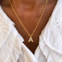 1pc New Letter Pendant Gold Stainless Steel Water Ripple Chain Necklace For Women - Yellow Gold - View 1