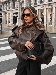 HZXVIC Women's Autumn New Arrival Retro American Cool Girl PU Leather Standing Collar Heavy-Duty Design Jacket Coat - Brown - View 11
