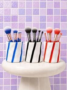 1pc Striped Makeup Brush Holder, Ceramic Texture Cosmetic Storage Box, Makeup Tool Display Rack, Vanity Desktop Organizer, Suitable For Bathroom Countertop, Dorm, Home Decor - Diagonal Ripple - View 5