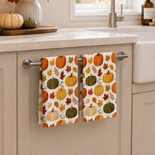 2pcs Off-White Pumpkin & Maple Leaf Pattern Kitchen Towels, Autumn Farmhouse Style Soft Absorbent Fabric Rectangular Colorful Pumpkin & Fallen Leaf Full Print Hand Towels, Suitable For Thanksgiving, Harvest Festival, Autumn Kitchen And Daily Home Decor - Multicolor - View 4
