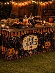 1件黑色桌布，印有Happy Halloween標誌、橘色三角旗與南瓜圖案，秋季派對聚酯纖維荷葉邊桌布，餐廳家庭節日裝飾 - 彩色 - 查看 6