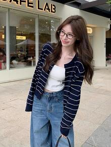 Korean Style Striped Knit Cardigan, Autumn Casual Short Length Long Sleeve Thin Cardigan Sweater, Women's Open Front Jacket - Navy Blue - View 3
