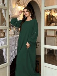 1pc Women's Daily Commute Versatile Abaya Dress With Drawstring Cuffs And Beaded Design, Suitable For Daily Outings And Friends Gatherings - Multicolor - View 25