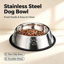 1pc Stainless Steel Pet Bowl, Non-Slip Rubber Bottom Pet Feeding Bowl, Paw Print Pattern Dog Cat Food Water Bowl - Multicolor - View 2