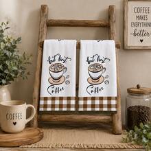 2pcs "But First Coffee" Coffee Themed Kitchen Towels, Coffee Cup Print Brown & White Plaid Decorative Hand Towels, Vintage Country Dish Cloths, Suitable For Kitchen, Coffee Corner, Oven Handle And Home Decor 4/6/8/Pcs Set - Multicolor - View 6