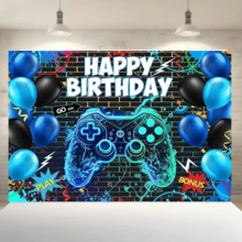 1件遊戲主題生日背景布，完美適用於遊戲生日慶祝，適合節日派對、居家裝飾與攝影棚道具 - A - 查看 8