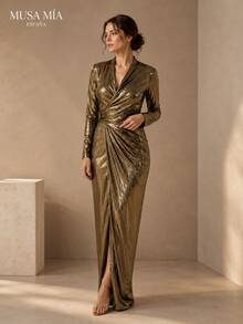 Gold Metallic Ruched Maxi Dress Women Long Sleeve Deep V Neck Draped Evening Dress Bodycon Formal Gown - 金色 - 查看 12