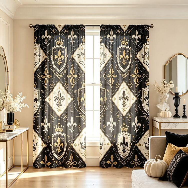 2PCS Digital Printed Curtains, Black Gold Fleur De Lis Shield Crown Pattern, Royal Medieval Gothic Style For Bedroom Living Room - Multicolor - View 6