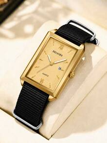 1PC Men's Black Nylon Strap Square Dial Quartz Watch, Business Quartz Watch, Gold Classic Rectangular Dial, Date Window Minimalist Retro Wristwatch, Suitable For Daily Commute And Gift Giving - Gold - View 8