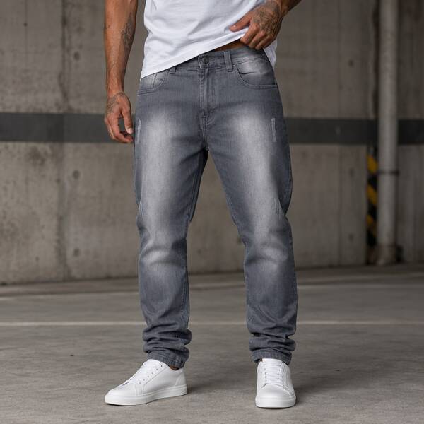 Calça Jeans Masculina Cinza Estonada Slim – Modelagem Grande