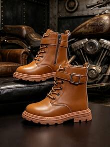 1 Pair Brown Short Boots, Metal Buckle Decor + Soft PU Fabric, Round Toe Elastic Sole, Front Lace-Up + Inner Zipper Motorcycle Boots, Suitable For Men And Girl Campus Wear, Daily, Holiday, Vacation, Outdoor - Brown - View 7