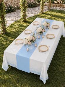 1/6/12pcs 54 X 108 Inch White & Blue Polka Dot Premium Disposable Plastic Tablecloth - Polka Dot Plastic Tablecloth Printed Long Tablecloth, Suitable For Rectangular Tables, Camping Tablecloth, Birthday Party, Picnic, Baby Shower, Engagement Party Decoration - Light Blue and White - View 2