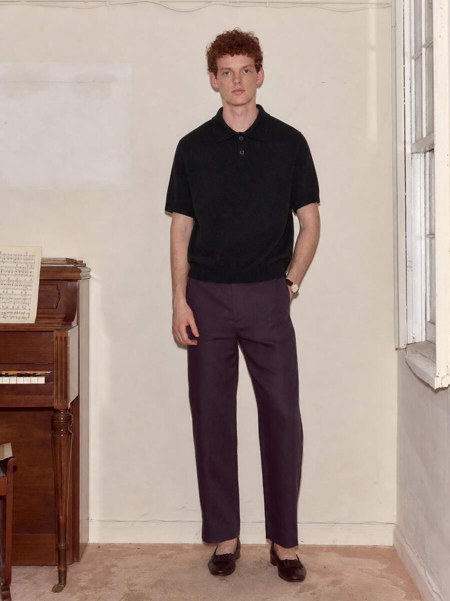 ANDREILEEE 男士中性針織 Polo 領上衣 街頭休閒通勤百搭短袖寬鬆 T-shirt 春夏季 - 黑色 - 查看 1
