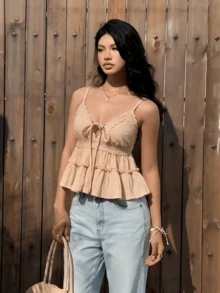 Women's Apricot Lace Camisole Top, Solid Woven Fabric With Lace Splice, Suitable For Beach And Vacation Summer - Khaki - View 3