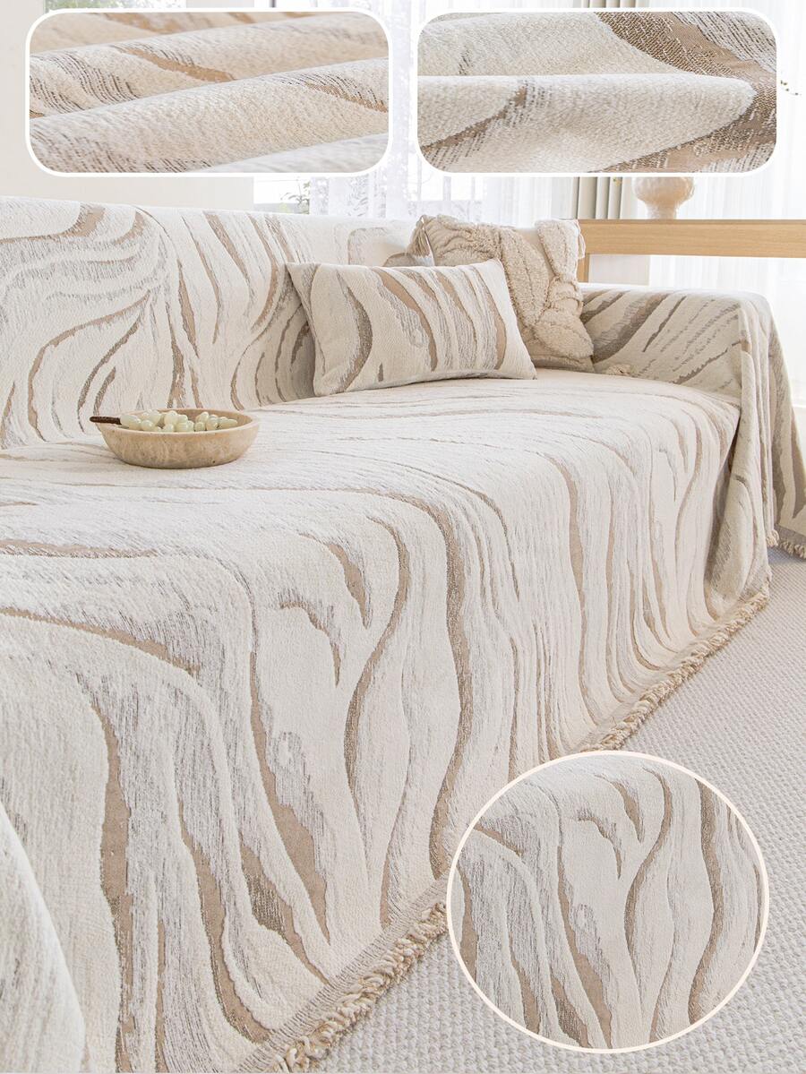 1pc Minimalist Neutral Beige Marble Wave Chenille Sofa Throw, With Tassel Edge, Abstract Texture Sofa Cover Blanket, Non-Slip All-Season Universal Sofa Slipcover, Pet-Friendly Machine Washable Furniture Protector, Living Room Home Decor - Khaki - View 1