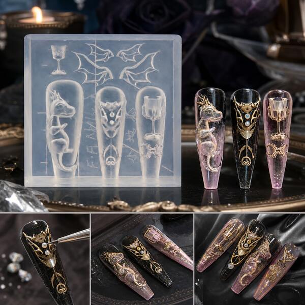 1PC Dark Night Bat Wine Glass, Night Creature Stemware Silhouette, Magic Gothic Nail Art Silicone Mold, Smooth Demolding Without Sticking, Dark Fairy Tale Halloween Style, Midnight Party Niche Eye-Catching, Durable Mold With Long-Lasting Shape, Unique Dark Magic Style Statement