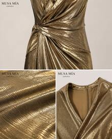 Gold Metallic Ruched Maxi Dress Women Long Sleeve Deep V Neck Draped Evening Dress Bodycon Formal Gown - 金色 - 查看 9