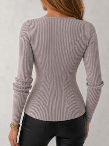 JTI Pull gris à col U en tricot côtelé avec taille élastique ajustée, coupe slim, manches longues, Top décontracté d'hiver pour sorties, tenue élégante pour le travail - Taupe - Voir 3
