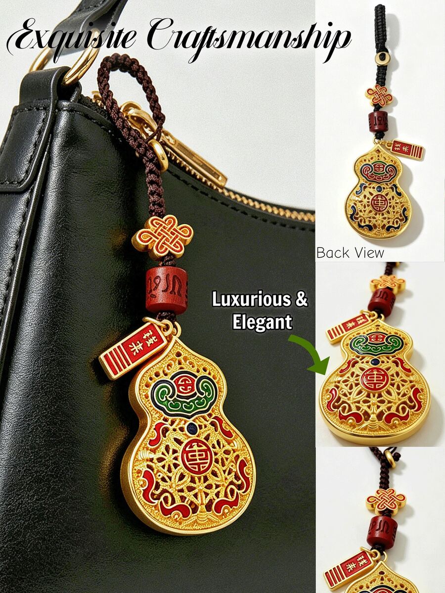1pc Alloy Enamel Gourd Keychain, Vintage Chinese Style Lucky Blessing Wealth Pendant, Braided Rope Key Ring, Car Bag Charm, Holiday Gift Accessory - Multicolor - View 1