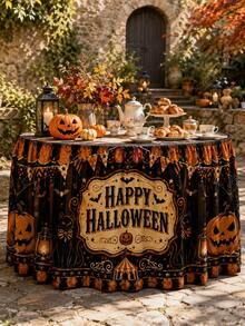 1件黑色桌布，印有Happy Halloween標誌、橘色三角旗與南瓜圖案，秋季派對聚酯纖維荷葉邊桌布，餐廳家庭節日裝飾 - 彩色 - 查看 8