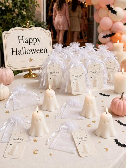 Set Lilin Hantu Halloween, Termasuk Tas Organza dan Kartu Ucapan Terima Kasih, Hadiah Tamu yang Lucu, Cocok untuk Pesta Halloween, Dekorasi Meja dan Liburan