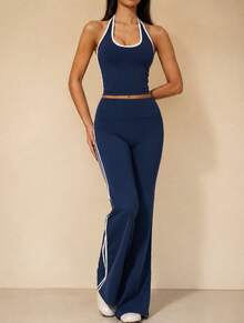 Loose Wide Leg High Waist Tummy Control Naked Feel 3D Casual Running Workout Fitness Yoga Long Pants - Navy Blue - View 2