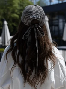 清新條紋蝴蝶結棒球帽，甜美百搭學院風遮陽帽，條紋字母刺繡女士蝴蝶結棒球帽，防曬棒球帽 - A - 查看 2