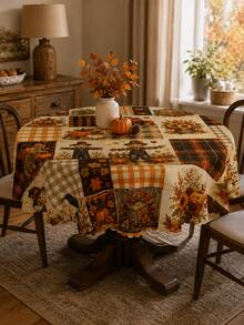 Autumn Pumpkin Scarecrow Patchwork Tablecloth, Halloween Home Decor, Fall Tablecloth Thanksgiving Dining Table Decor, Rustic Farmhouse Decor Country Style Printed Tablecloth, Vintage Plaid Pumpkin Pattern Rectangular Tablecloth, Kitchen Dining Room Tabletop Decoration - Multicolor - View 3