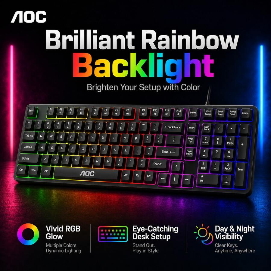 AOC GK116 104 Keys Mechanical Wired Gaming Keyboard, RGB Backlight USB Plug And Play Luminous Keyboard, Universal For Desktop Notebook Home Gaming Office Daily Typing