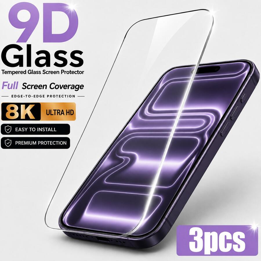 3PCS Ultra Clear 9H Tempered Glass Screen Protector For IPhone 17/16 Pro Max/16 Pro/16 Plus/16/15 Pro Max/15 Pro/15 Plus/15/14 Pro Max/14 Pro/14 Plus/14/13 Pro Max/13/12 Pro Max/12/11 Pro Max/11/XR/XS Max/XS, Full Coverage HD Glass Shield, Crystal Clear Display, Fingerprint Resistant Coating, Scratch Protection, Bubble-Free Apply, Smooth Touch, Slim Fit - Clear - View 1