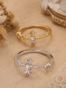 1pc Gothic Personalized Iris Flower & Cross Element Design Ring, Fashionable Personalized Jewelry Gift Suitable For Daily Wear, Perfect Party & Holiday Gift, Women's Casual Vacation Outfit Accessory, Versatile Halloween - Multicolor - View 3