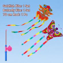 BSKT 2pcs Multi-Color Mini Handheld Fishing Rod Kite, Outdoor Lawn Open Space Leisure Flying Play, Outdoor Leisure Sports Crowd, Lightweight Fiberglass Rod Frame, Waterproof Printed Polyester Fabric, Integrated Handheld Fishing Rod Bracket, Butterfly Goldfish Airplane Multiple Shapes, Lightweight And Easy To Fly, Foldable And Compact For Portable Storage - Multicolor - View 7