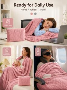 Travel Blanket & Pillow Set, Knitted Texture Portable Nap Blanket, All-In-One Travel Blanket, Suitable For Living Room, Bedroom, Office, Travel, Autumn/Winter, Christmas Home Decor Gift Set, Perfect For Car And Flight Travel, Car Essential - A - View 7