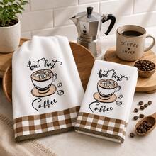 2pcs "But First Coffee" Coffee Themed Kitchen Towels, Coffee Cup Print Brown & White Plaid Decorative Hand Towels, Vintage Country Dish Cloths, Suitable For Kitchen, Coffee Corner, Oven Handle And Home Decor 4/6/8/Pcs Set - Multicolor - View 4