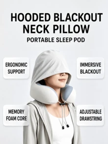 Portable Memory Foam Travel Neck Pillow With Hood, Ice Silk Touch Cover, Adjustable Drawstring, Suitable For Airplane, Car, Train And Office Nap - Multicolor - View 4