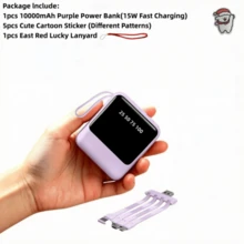 LADAPU Mini banco de energía portátil de bolsillo de 10000 mAh, carga rápida de 5 V2 A, tamaño pequeño, gran capacidad, apariencia elegante, 4 en 1 integrado (cables desmontables), batería recargable de alta velocidad, entrada USB-C y micro USB. - Morado - Ver 9