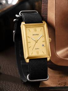 1PC Men's Black Nylon Strap Square Dial Quartz Watch, Business Quartz Watch, Gold Classic Rectangular Dial, Date Window Minimalist Retro Wristwatch, Suitable For Daily Commute And Gift Giving - Gold - View 9