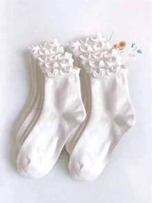 3/5/7/12 Pairs Women White Ruffle Frill Crew Socks, Striped Soft Breathable, Casual Daily For Loafer Mary Jane - White - View 8