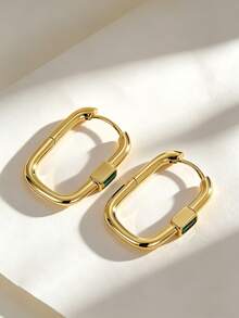 Charm-In Minimal Rectangle Green Emerald Huggie Hoops, Copper 18K Gold Plated U-Shaped Hoop Earrings, Stackable Fashion Ear Accessory For Women - Gold - View 5