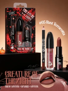 USHAS Halloween Gothic Dark Lip Makeup Set, 3-In-1 Lip Liner + Liquid Lipstick + Lipstick Makeup Set, High Pigment Matte Deep Color, Waterproof Long-Lasting Smudge-Proof, Suitable For Women's Cosplay Costume Halloween Party Stage Lip Makeup - #05 Rust Terracotta - View 11