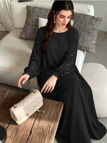 1pc Women's Daily Commute Versatile Abaya Dress With Drawstring Cuffs And Beaded Design, Suitable For Daily Outings And Friends Gatherings - Multicolor - View 11