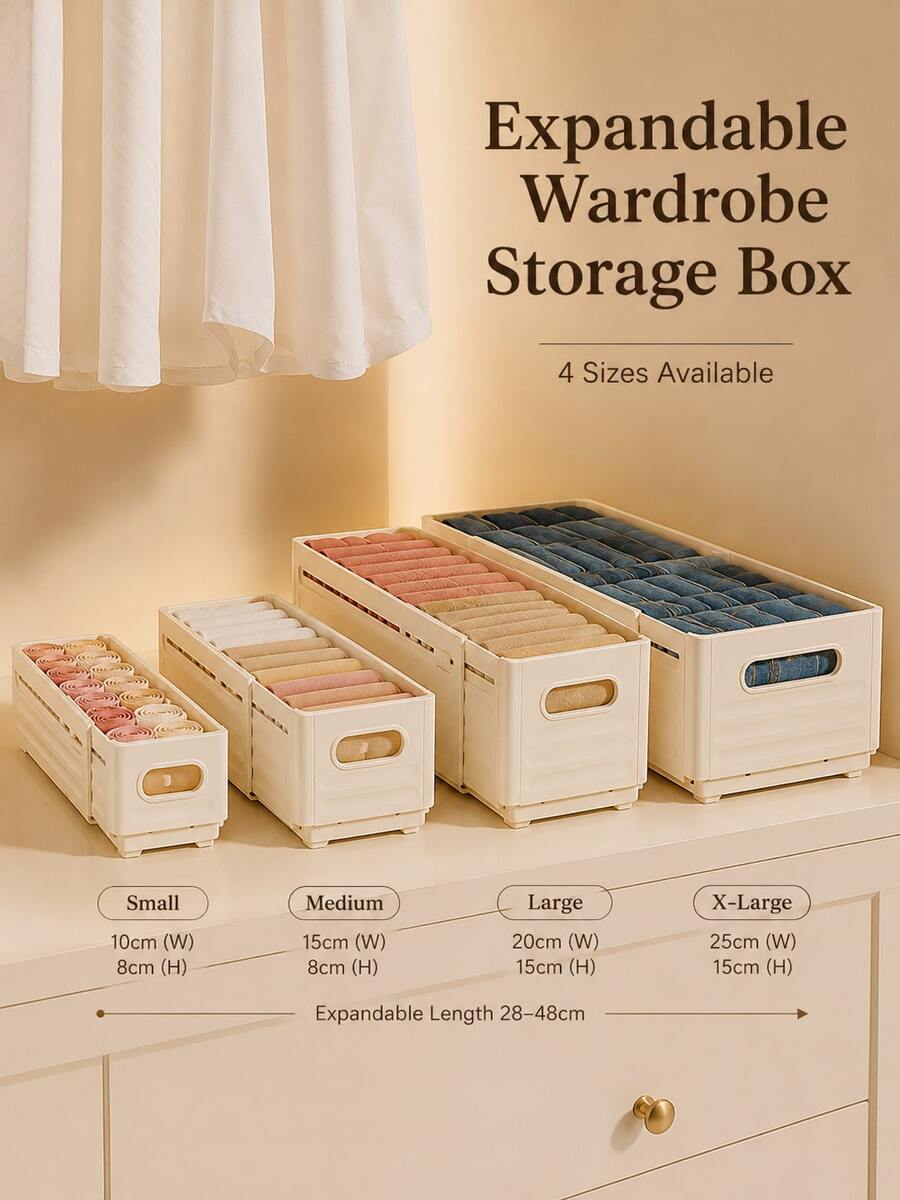 1pc Expandable Pull-Out Wardrobe Storage Box, Adjustable Large Capacity Clothing Organizer, Stackable Closet Drawer Storage Basket, Suitable For Shirts, Pants, Sweaters, Underwear, Bedroom, Dorm, Home Storage, Space-Saving