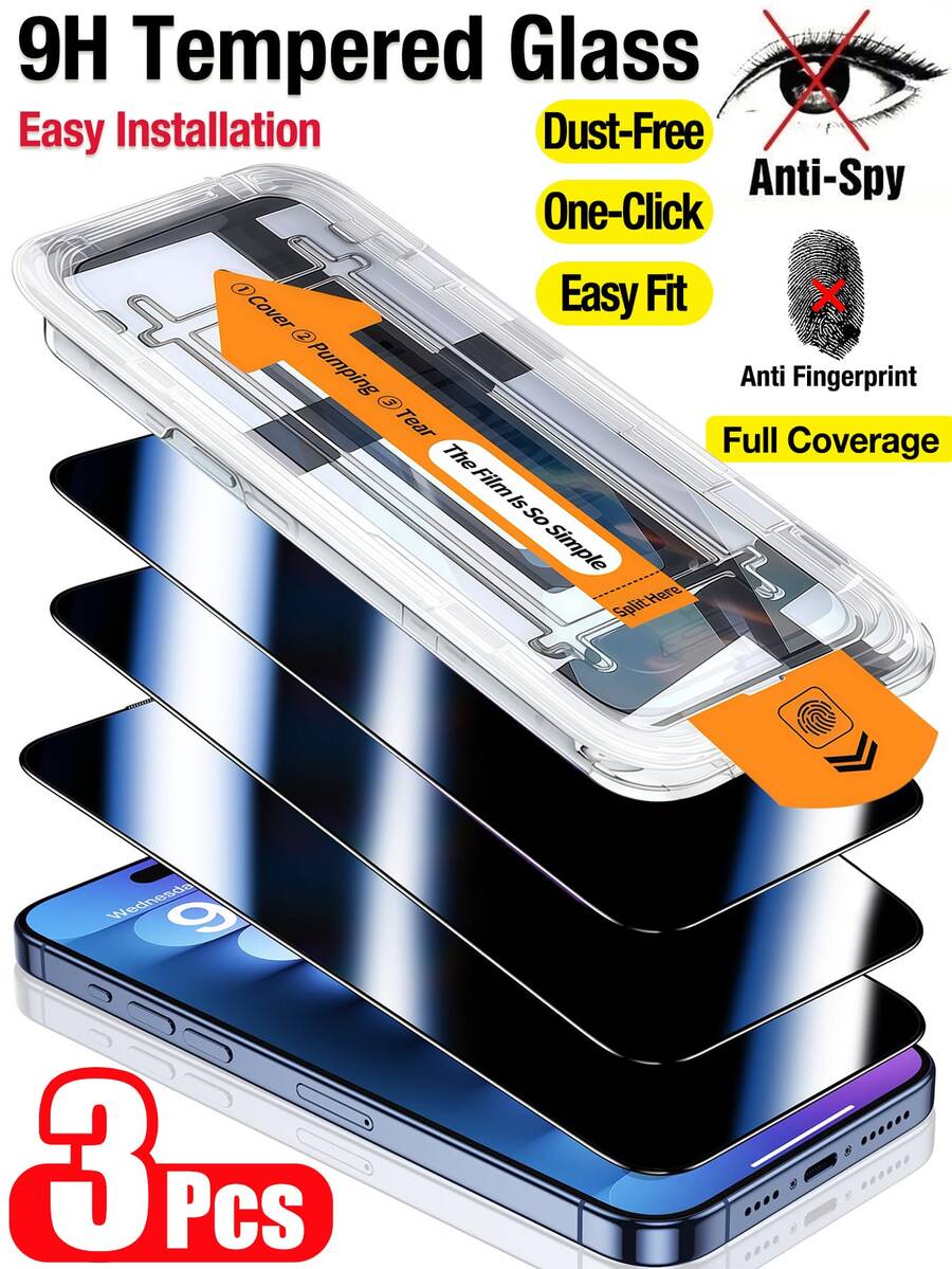 Yezodawee 3pcs 16 Pro Max Privacy Screen Protector Auto-Alignment Kit, 9H Hardness Anti-Shatter Tempered Glass Film, Ultra-Fast Installation, Dust-Proof Design, Tempered Glass Screen Protector, Includes Installation Tool Kit, 9H Hardness, Anti-Scratch, Full Coverage Protection, Compatible With IPhone 17 Pro Max/17 Pro/17 Air/17/16 Pro Max/16 Plus/15 Pro Max/14/13/12/11 Series, Bubble-Free, Dust-Free - 3PCS - View 1