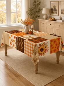 Autumn Pumpkin Sunflower Patchwork Print Tablecloth, Fall Home Decor, Thanksgiving Tablecloth, Rustic Farmhouse Style Tabletop Decoration, Vintage Plaid Leaf Wheat Pattern Tablecloth, Kitchen Dining Room Holiday Party Protective Decorative Table Mat - Multicolor - View 4