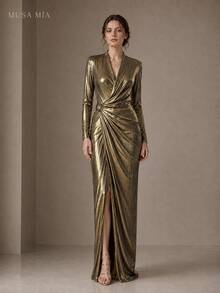 Gold Metallic Ruched Maxi Dress Women Long Sleeve Deep V Neck Draped Evening Dress Bodycon Formal Gown - 金色 - 查看 1