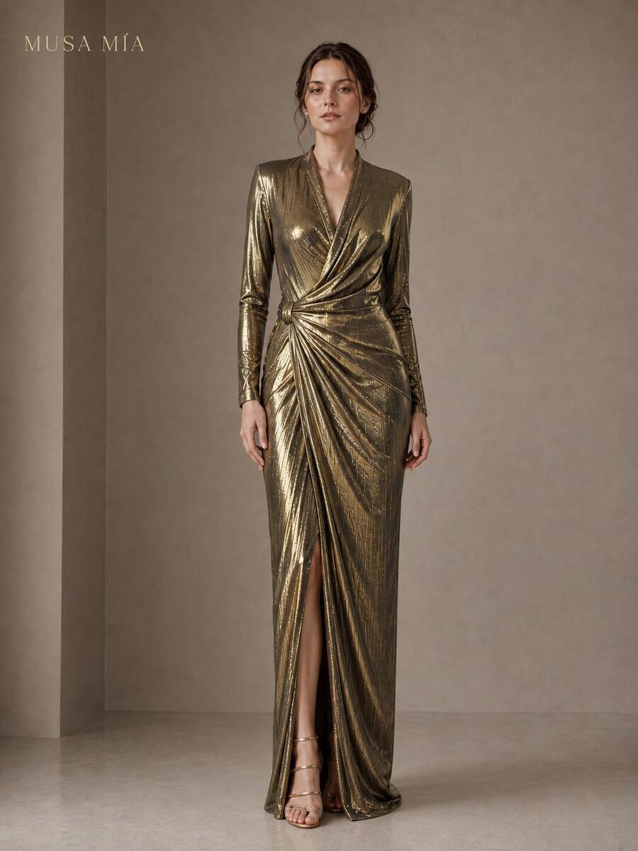 Gold Metallic Ruched Maxi Dress Women Long Sleeve Deep V Neck Draped Evening Dress Bodycon Formal Gown - 金色 - 查看 1